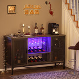 Homieasy Wine Bar Cabinet with Led Lights and Power Outlets, Industrial Coffee Bar Cabinet for Liquor and Glasses, Farmhouse Bar Cabinet with Removable Wine Racks, Black Oak Homieasy