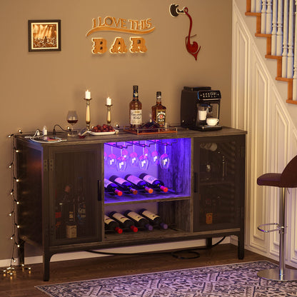 Homieasy Wine Bar Cabinet with Led Lights and Power Outlets, Industrial Coffee Bar Cabinet for Liquor and Glasses, Farmhouse Bar Cabinet with Removable Wine Racks, Black Oak - WoodArtSupply