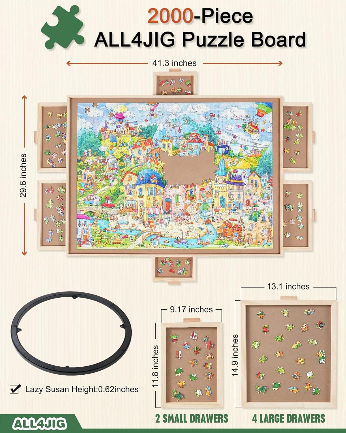 ALL4JIG 2000 Pieces Rotating Puzzle Board with 6 Drawers and Cover,29.6"x41.3"Portable Wooden Jigsaw Puzzle Table for Adults,Lazy Susan Spinning Puzzle Boards Birthday Gift for mom ALL4JIG