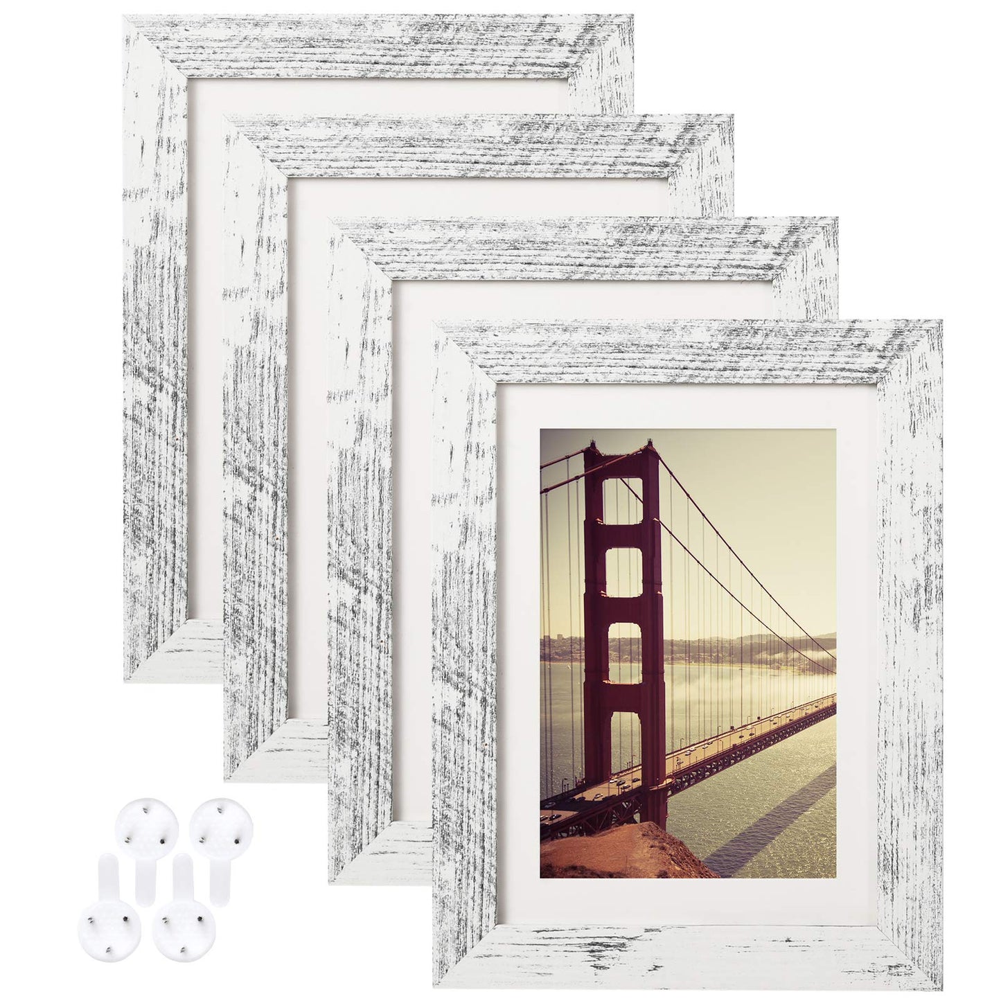 BAIJIALI 5x7 Picture Frame Distressed White Wood Pattern Set of 4 with Tempered Glass,Display Pictures 4x6 with Mat or 5x7 Without Mat, Horizontal and Vertical Formats for Wall and Table Moun - WoodArtSupply