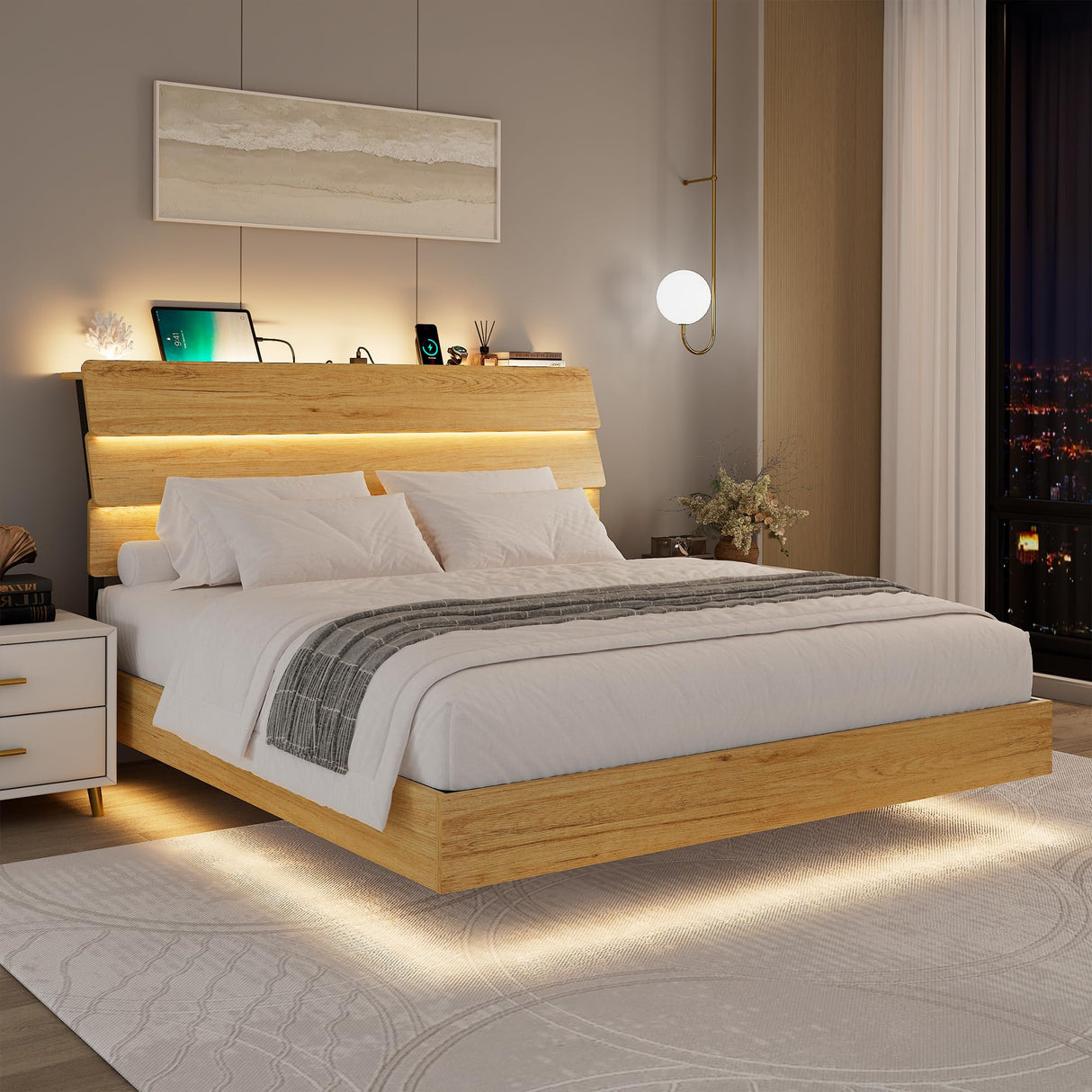 Feonase Floating Bed Frame Queen with Led Lights and Charging Station, Wood Full Size Bed Frame with Storage Headboard, Heavy Duty Metal Slats, No Box Spring Needed, Easy Assembly,Oak Feonase