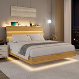 Feonase Floating Bed Frame Queen with Led Lights and Charging Station, Wood Full Size Bed Frame with Storage Headboard, Heavy Duty Metal Slats, No Box Spring Needed, Easy Assembly,Oak Feonase