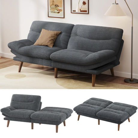 Pipishell Futon Sofa Bed, Corduroy Futon with Adjustable Backrest and Armrests, Convertible Futon Sofa Couch with Wood Frame for Small Spaces, Living Room or Office,Gray Pipishell