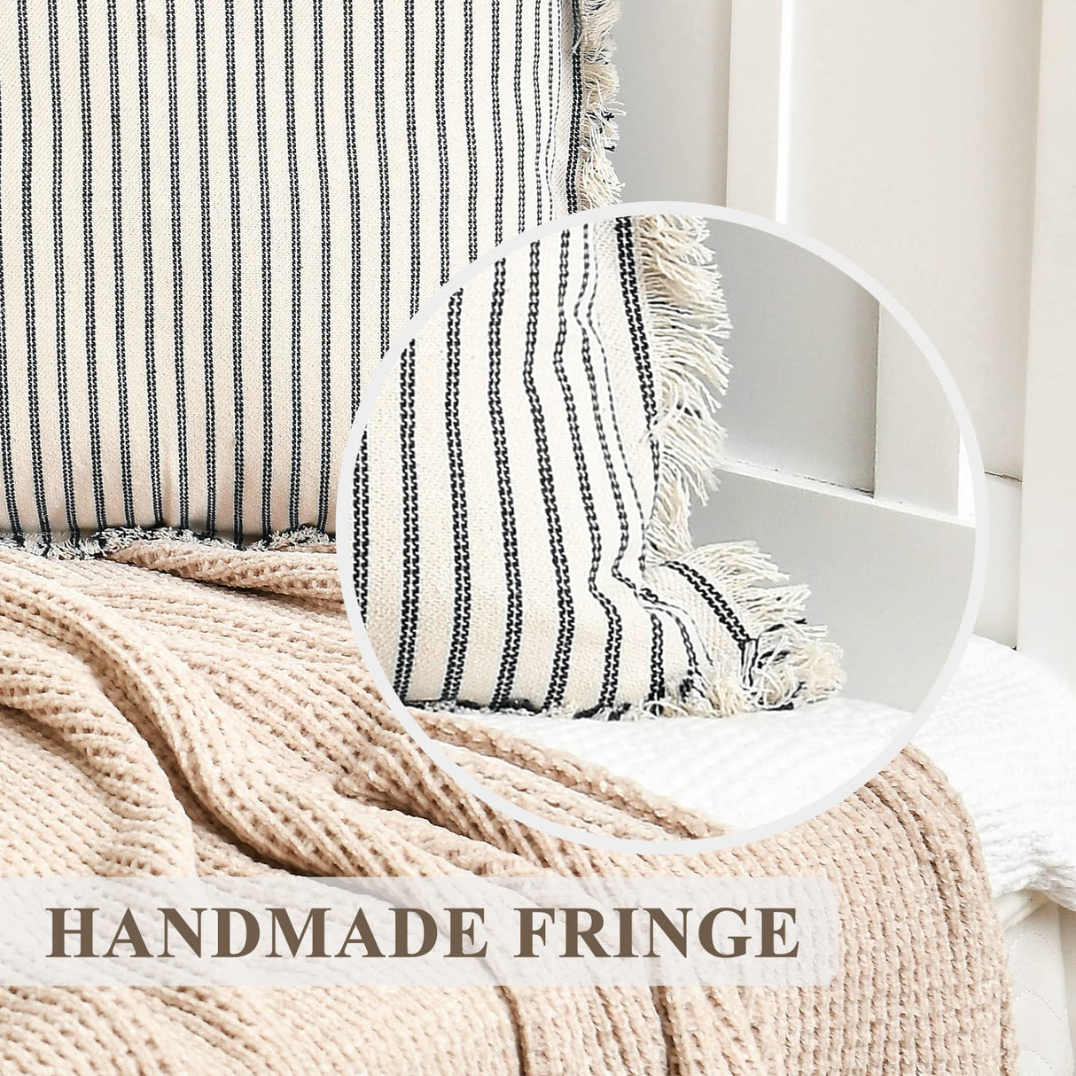 ZWJD Throw Christmas Pillow Covers 18x18 Set of 2 Striped Pillow Covers with Fringe Chic Cotton Decorative Pillows Square Cushion Covers for Sofa Couch Bed Living Room Farmhouse Decor ZWJD