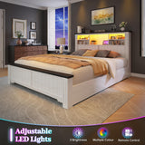 EnHomee Full Size Bed Frame with Headboard, Full Bed Frame with 4 Drawers Charging Port & LED, Farmhouse Bed Full Built in Charging Station,No Box Spring Needed,NO Noise,White with Grain Marks EnHomee