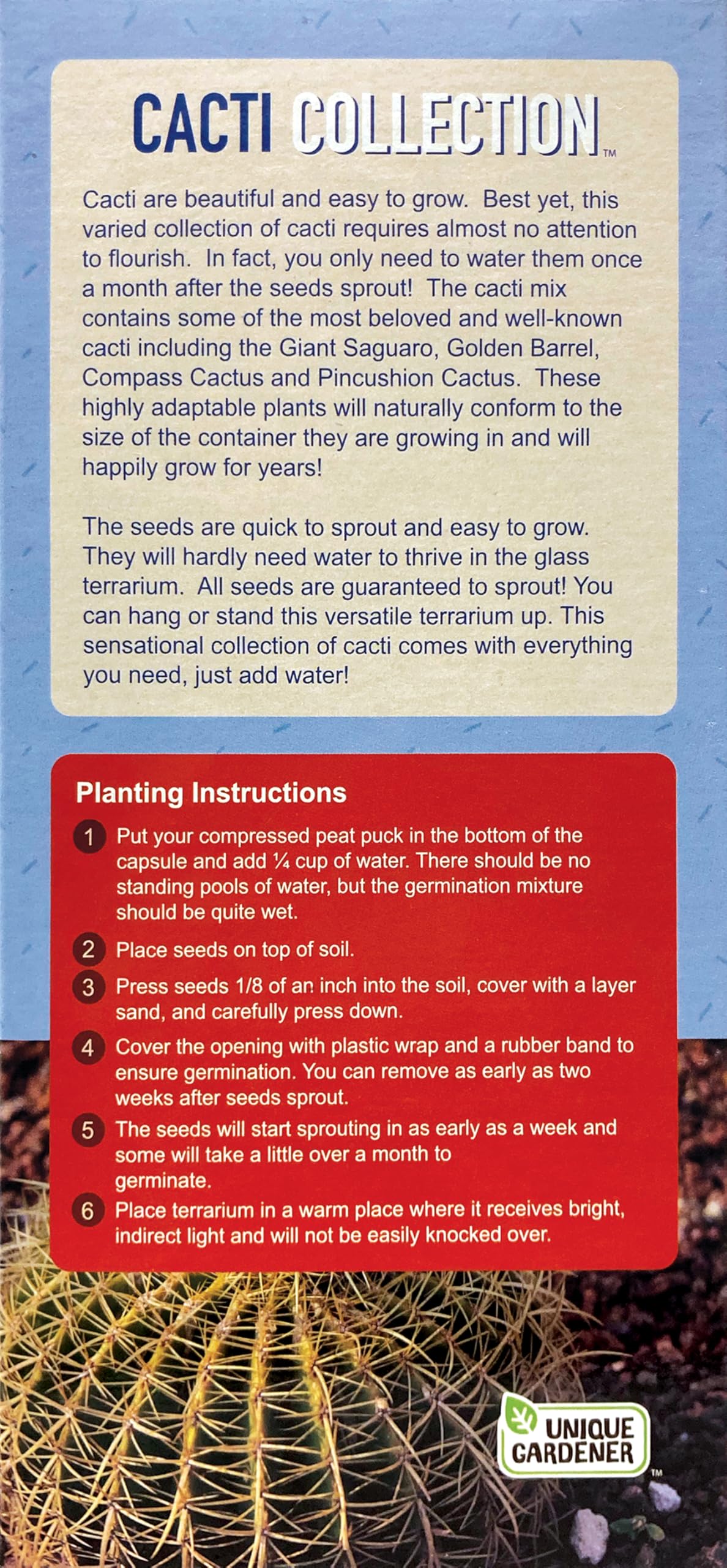 Cactus Terrarium Grow Kit by Unique Gardener - DIY Indoor Hanging or Standing Garden Starter Set with Complete Supplies, Easy to Grow Terrariums for Home Decor! Unique Gardener