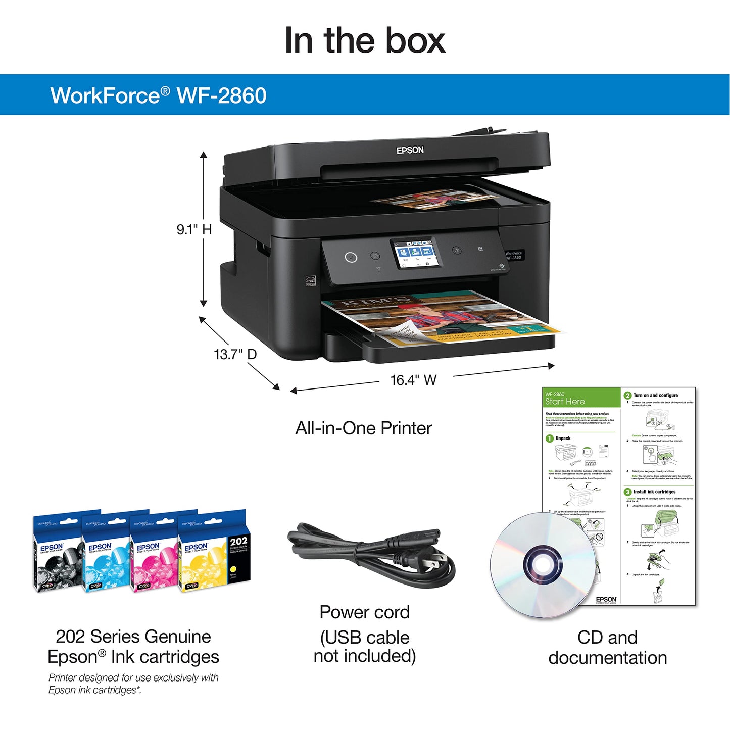 Epson Workforce WF-2860 All-in-One Wireless Color Inkjet Printer, Black - Print Scan Copy Fax - Ethernet NFC Auto 2-Sided Borderless Printing, 14 ppm, 4800 x 1200 dpi, 30-Sheet ADF, Voice Activated