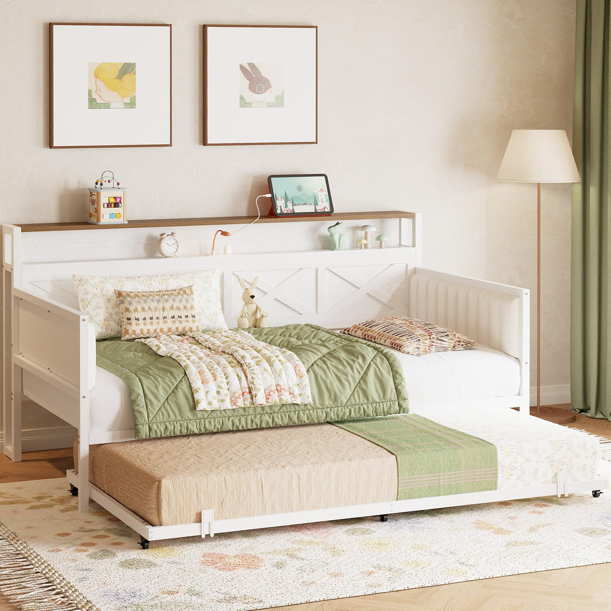 IRONCK Daybed with Trundle, Sturdy Metal Twin Bed Frame with X-Shaped Frame, Upholstered Farmhouse Daybed with Charging Station for Living Room, Bedroom, and Guest Room, White/Walnut IRONCK