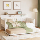 IRONCK Daybed with Trundle, Sturdy Metal Twin Bed Frame with X-Shaped Frame, Upholstered Farmhouse Daybed with Charging Station for Living Room, Bedroom, and Guest Room, White/Walnut IRONCK