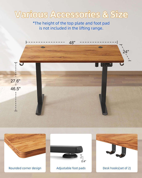 YIHAYO Adjustable Standing Desk, Electric Desk, 48 x 24 Inches Stand Up Desk with Splice Board, Adjustable Height Desk, Computer Desk for Home Office, Black Frame/Rustic Brown Top YIHAYO