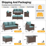 VONZOY 6 Pieces Patio Furniture Set with 44" Gas Fire Pit Table, Outdoor Sectional Conversation Sets, All-Weather Wicker Rattan Sofa w/Gas Fire Pit, Ottoman, Thick Cushion Light Blue VONZOY