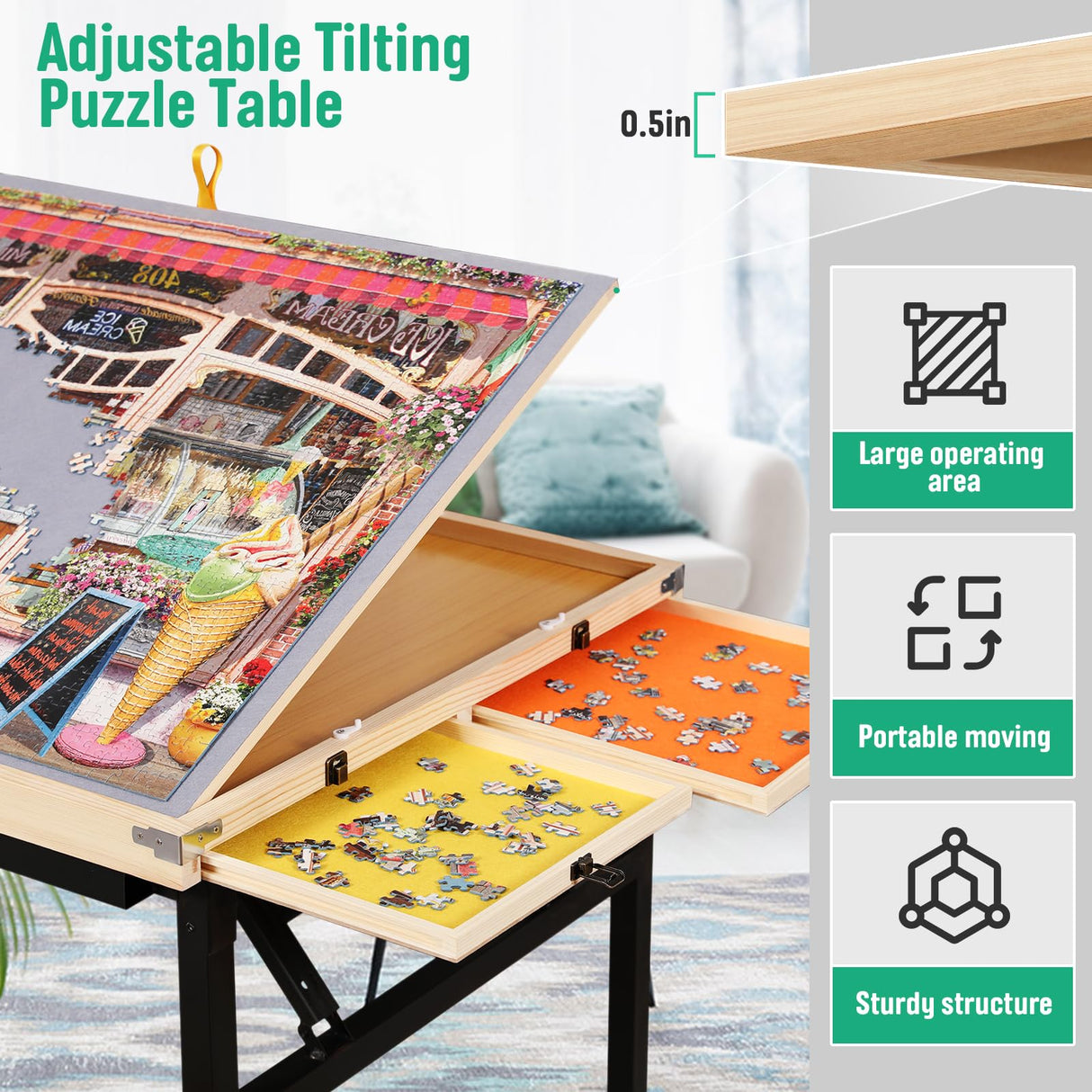Puzzle Table with Drawers and Folding Metal Legs 1500 Pieces Jigsaw Puzzle Table with Cover 3-Tilting-Angle Portable Wooden Jigsaw Puzzle Board Easy to Move Birthday Gift for mom JoyPcsTable