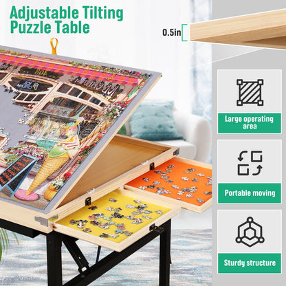 Puzzle Table with Drawers and Folding Metal Legs 1500 Pieces Jigsaw Puzzle Table with Cover 3-Tilting-Angle Portable Wooden Jigsaw Puzzle Board Easy to Move Birthday Gift for mom