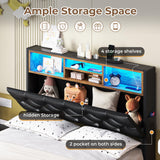 HAUOMS Twin Bed Frame with 3-Tier Headboard & Hidden Storage, Upholstered LED Bed Frame with 4 Drawers and Charging Station,Platform Metal Bed Frame with Storage, No Box Spring Needed, PU Black HAUOMS