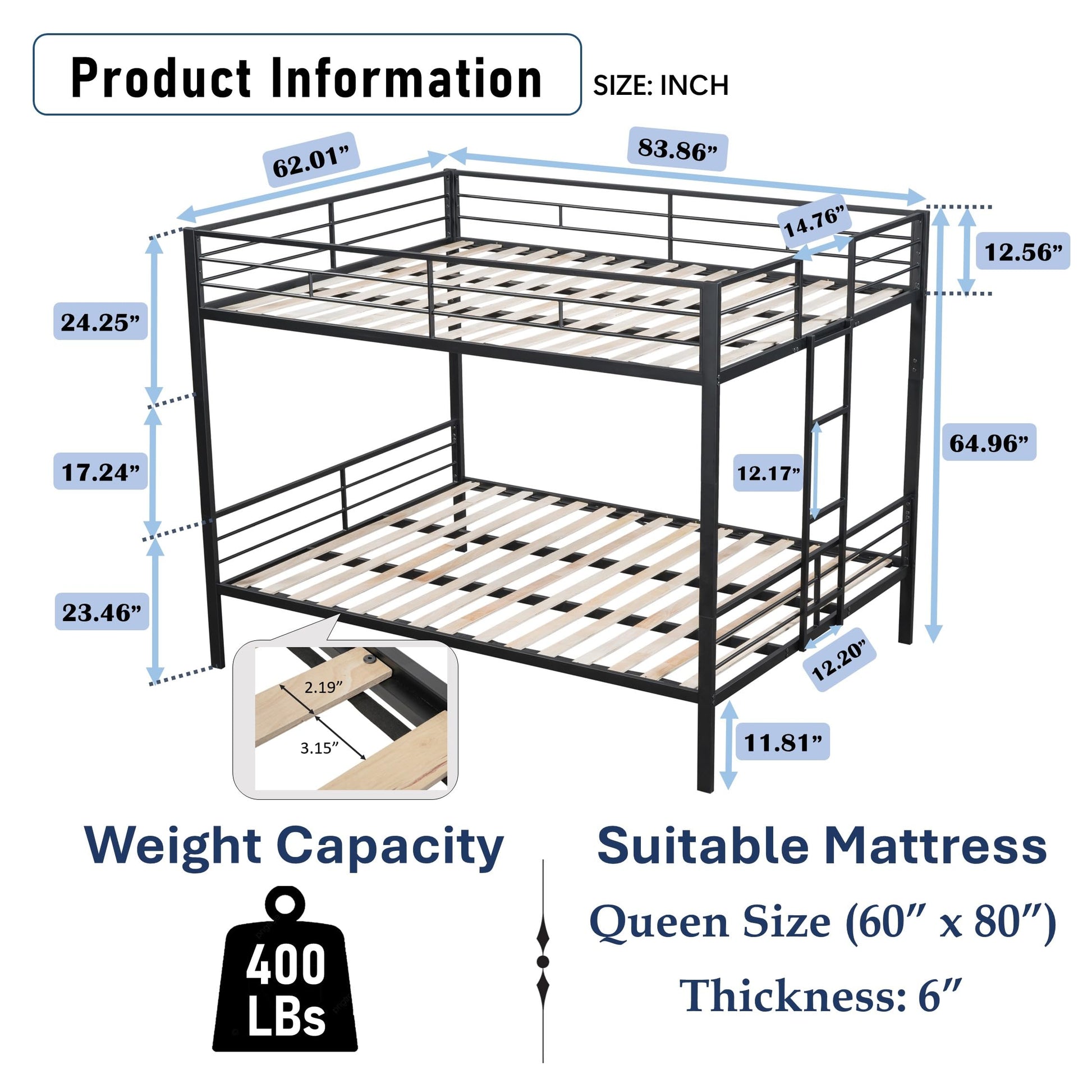 DNYN Black Queen Over Queen Bunk Bed with Wood Slat Support for Kids and Adults, Space-Saving Design, Easy Assembly, No Box Spring Needed - WoodArtSupply