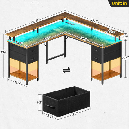 Seventable L Shaped Gaming Desk with 4 Drawers, Computer Desk with LED Lights & Power Outlets, Home Office Desk with Shelves & Monitor Stand for Living Room, Rustic Brown - WoodArtSupply