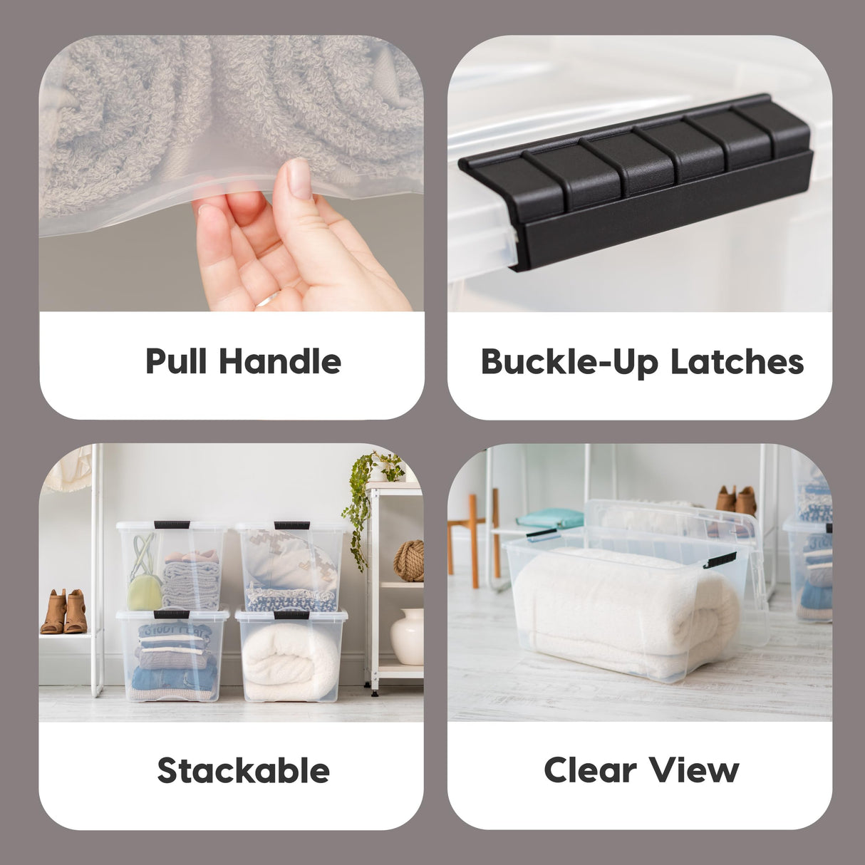 IRIS USA 72 Qt Stackable Plastic Storage Bins with Lids, 4 Pack - BPA-Free, Made in USA - See-Through Organizing Solution, Latches, Durable Nestable Containers, Secure Pull Handle - Clear Iris Ohyama