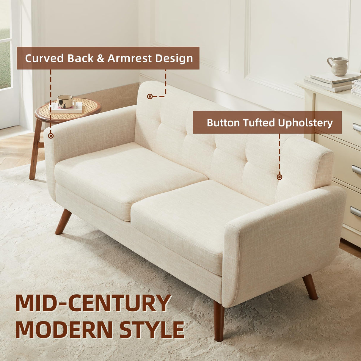 Tbfit 65" W Loveseat Sofa, Mid Century Modern Decor Love Seat Couches for Living Room, Button Tufted Upholstered Small Couch for Bedroom, Solid and Easy to Install Love Seats Furniture, Beige Tbfit
