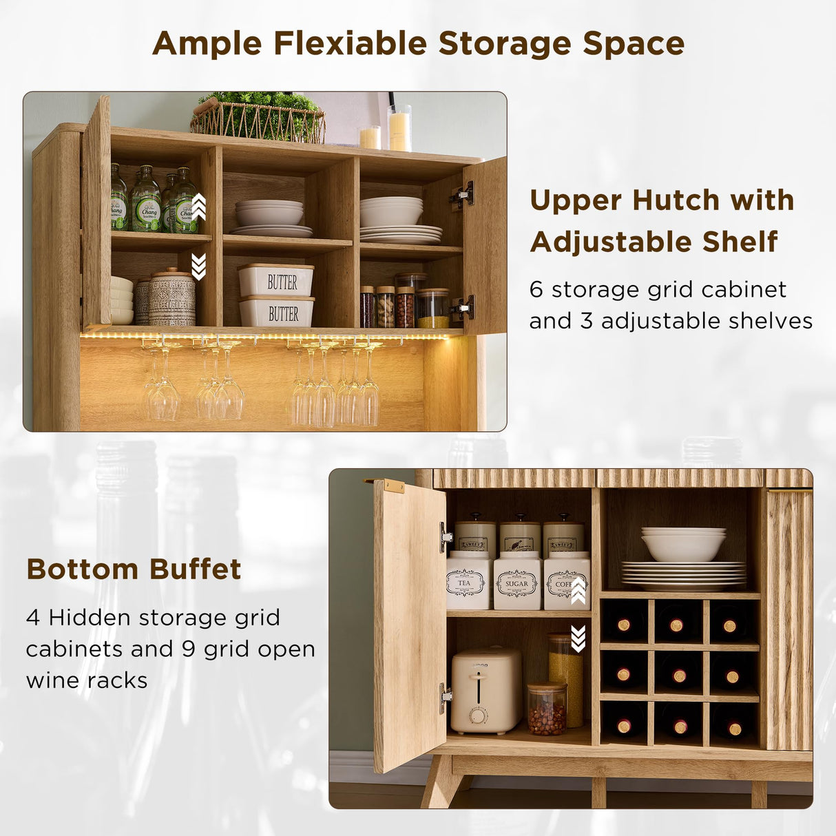 OKD 72" Tall Wine Bar Cabinet with Storage Hutch, Modern Wood Fluted Coffee Bar Cabinet with LED Lights and 10 Tier Storage Shelf & 9 Grid Wine Glass Rack for Home Dining Room Kitchen (Natural Oak) OKD