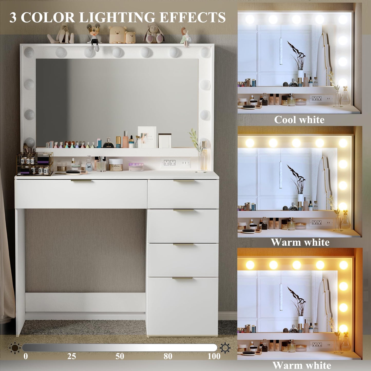 ALEXNUTRE Makeup Vanity Desk with Large Mirror and 13 LED Lights, Vanity Table with Power Outlet & 5 Drawers, 3 Lighting Color Adjustable, Vanity Desk for Bedroom and Dressing Room, White