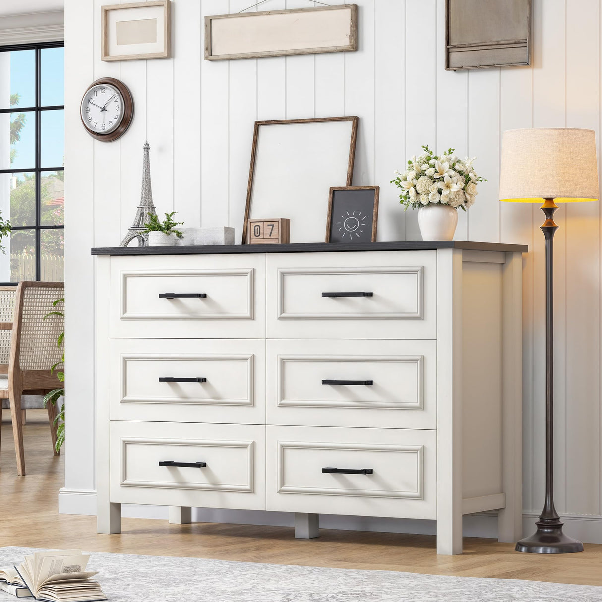 YITAHOME 6-Drawer Dresser with Built-in Power Outlet, Wood TV Stand with 6 Large Drawers & Bar Handles, Dresser Chest of Drawers for Entryway Living Room Hallway, White & Black YITAHOME