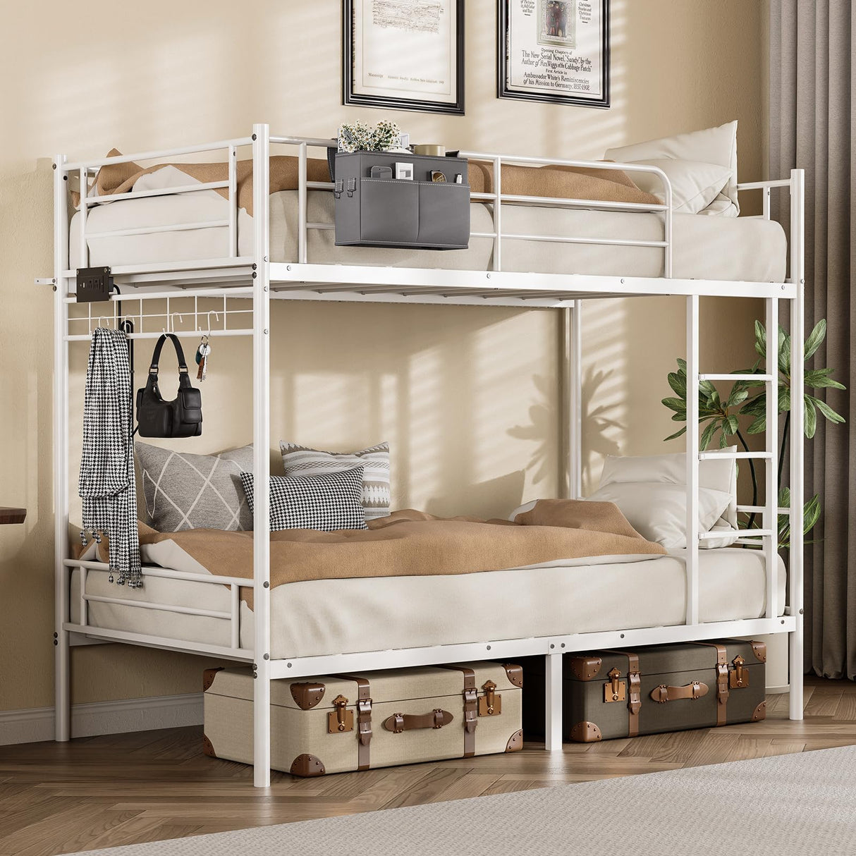 LIPIGE Bunk Bed Twin Over Twin,Heavy-Duty Metal Bunk Bed with Power Outlet and LED Lights,Safety Rails Ladder,Space-Saving Design with Storage Hooks,440lbs Capacity for Adults,White LIPIGE