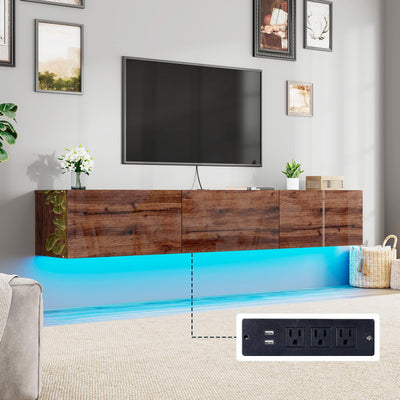 LUXOAK 70" Wall Mounted High Gloss Floating TV Stand with LED Lights & Charging Station,Media Entertainment Center for TVs Up to 80", Modern Woodgrain Floating TV Console for Living Room, Espresso