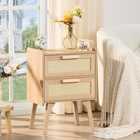 Lerliuo Rattan Nightstands Set of 2, Boho Night Stand with 2 Drawers, Cane Accent Side End Table, Bedside Table with Solid Wood Legs for Bedroom, Dorm and Small Spaces (Natural) Lerliuo