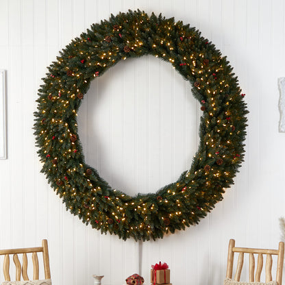 Nearly Natural 6ft. Large Flocked Artificial Christmas Wreath with Pinecones, Berries, 600 Clear LED Lights and 1080 Bendable Branches