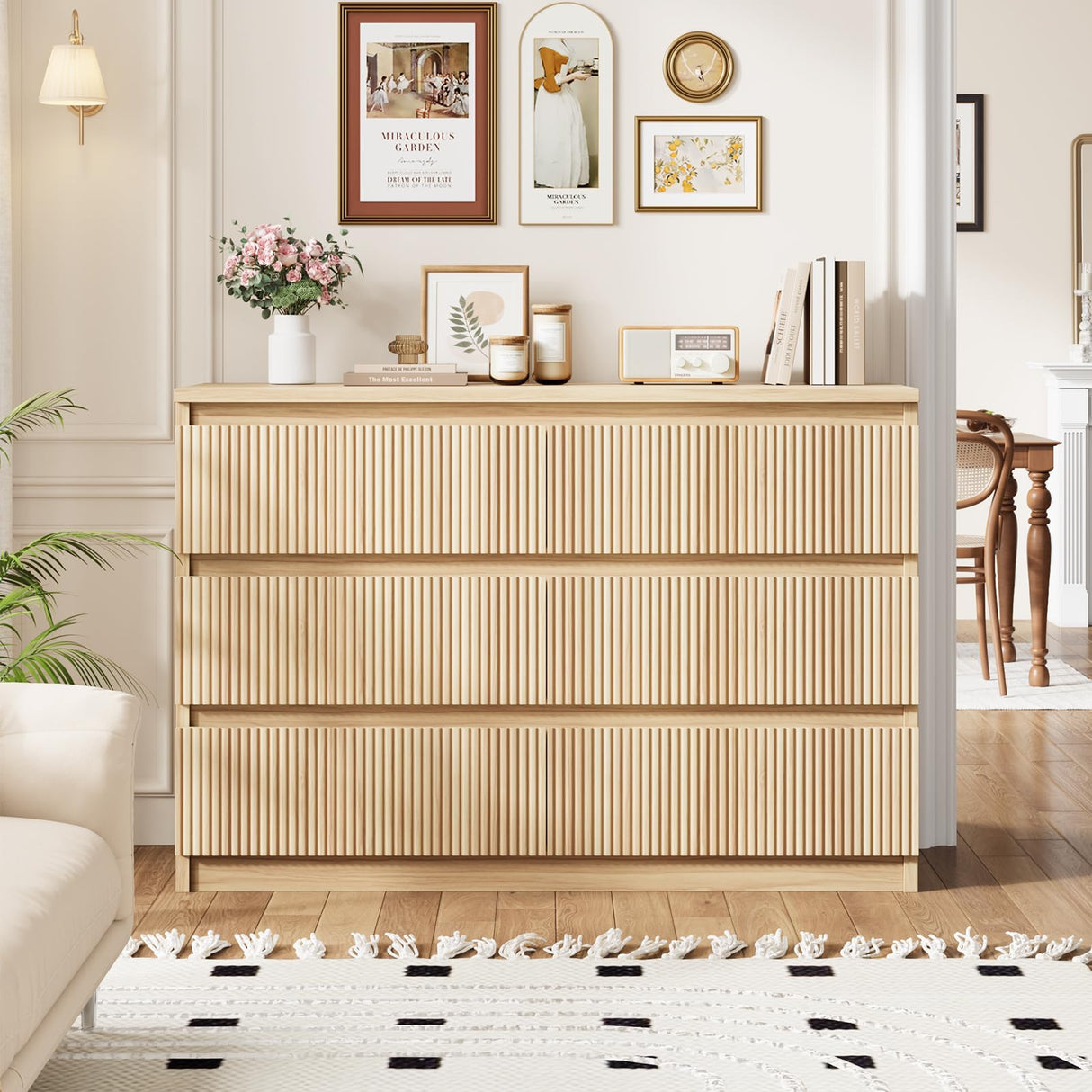 Jocoevol Oak 6 Drawer Dresser for Bedroom, Modern Fluted Dresser, Bedroom Dressers with Drawers, Large Double Wooden Chest of Drawers for Living Room, Hallway Jocoevol