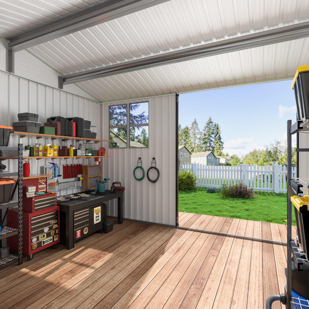 DAUSOLA 10x10 FT Outdoor Storage Shed, Metal Garden Tool Shed with Updated Frame Structure, Lockable Doors and Windows, Ideal for Backyard Garden Patio Lawn, Grey DAUSOLA