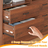Bigbiglife 6 Drawers Dresser for Bedroom Wooden Drawer with Open Storage Cubby, Double Wide Dresser Organizer for Bedroom, Living Room, Entryway, Hallway (Walnut Brown) Bigbiglife