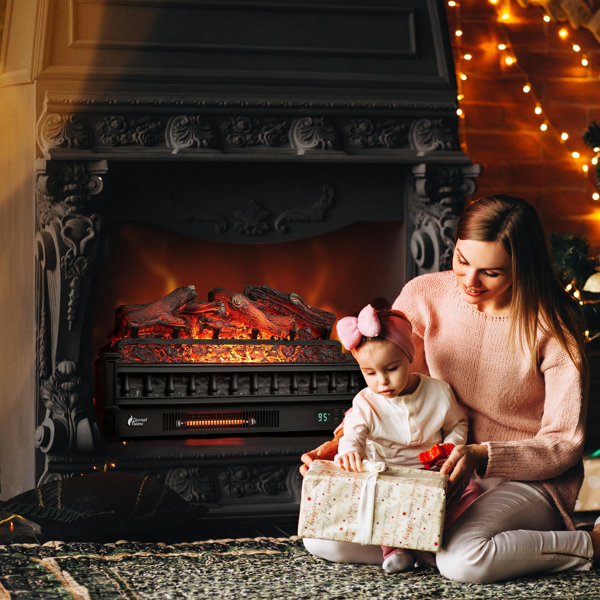 TURBRO Eternal Flame 26 in. WiFi Infrared Quartz Electric Fireplace Log Heater with Sound Crackling, Realistic Lemonwood Logs, Adjustable Flame Colors, Remote Control, Thermostat, Timer, 1500W Black TURBRO