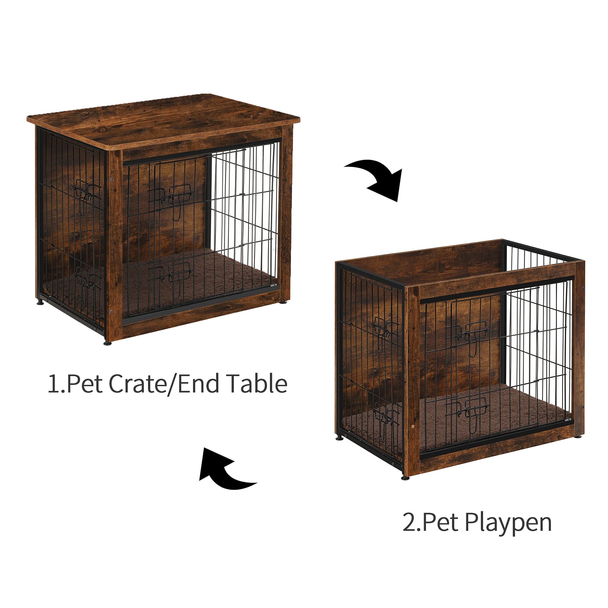 DWANTON Dog Crate Furniture with Cushion, Wooden Dog Crate Table, Double Doors Dog Furniture, Indoor Dog Kennel, Dog House, Dog Cage Medium, 32.5" L, Rustic Brown - WoodArtSupply