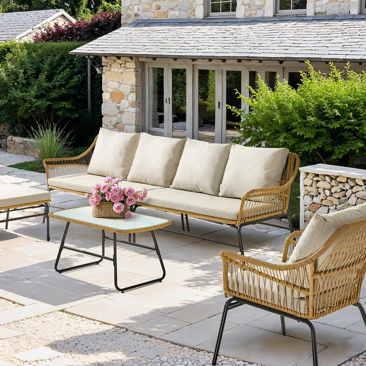 ONBRILL 4-Piece Outdoor Sectional Set, 4-Seats Wicker Patio Couch Sets with Cushion and Tempered Glass Coffee Table, L-Shaped, Olefin Fabric, Waterproof & UV Resistant, Beige ONBRILL