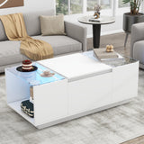 Merax Led Coffee Table with Open Storage Compartment and 2 Hidden Drawers, Modern Center Table with High-Gloss Finish and Glass Tabletop for Living Room, White Merax