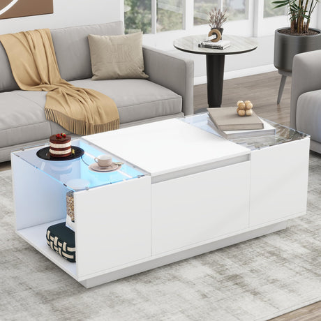 Merax Led Coffee Table with Open Storage Compartment and 2 Hidden Drawers, Modern Center Table with High-Gloss Finish and Glass Tabletop for Living Room, White Merax
