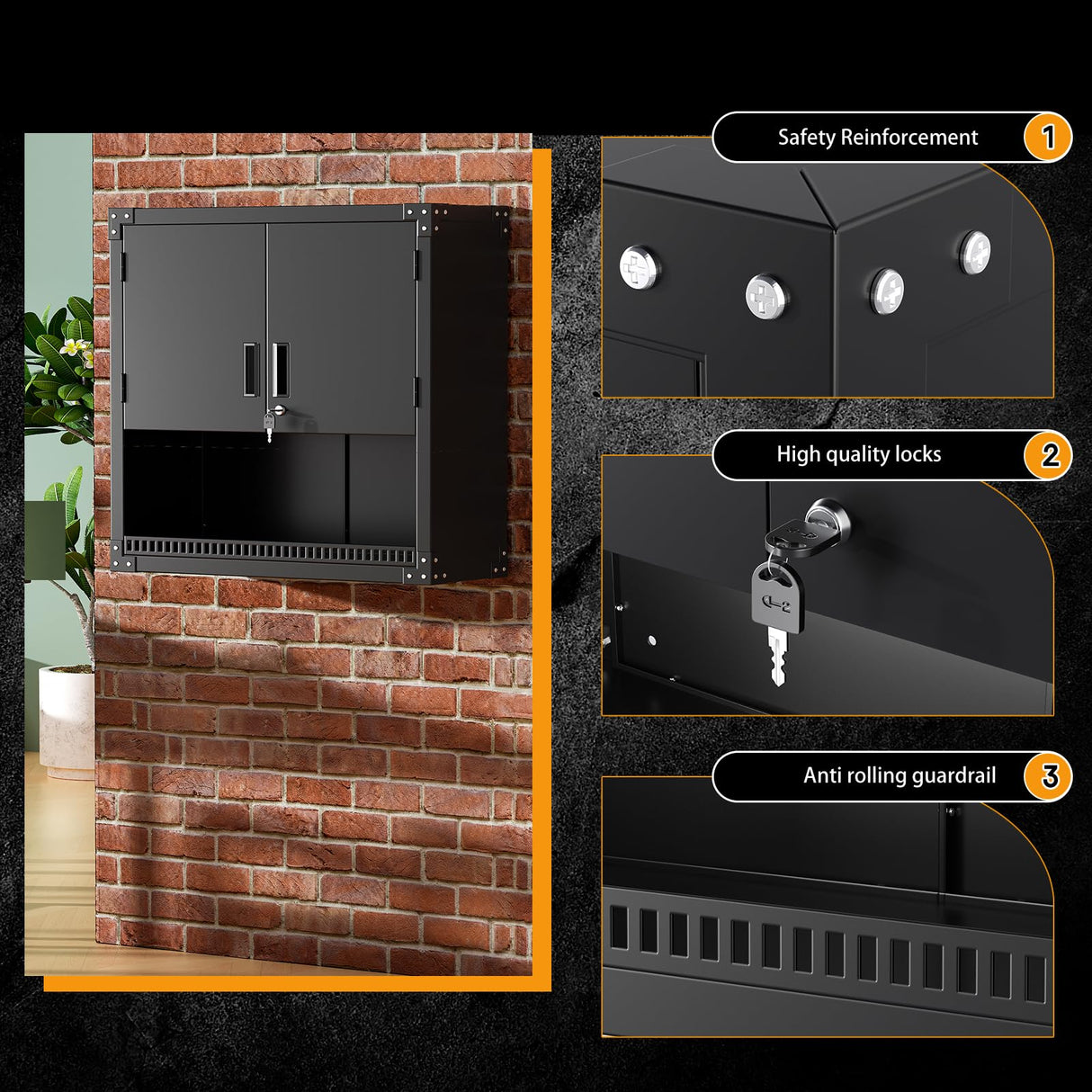 Greenvelly Metal Wall Cabinet with Locking Door, Black Wall Mounted Metal Storage Cabinet with Pegboard and Adjustable Shelf, Steel Tool Cabinet for Garage, Basement, Kitchen, Warehouse Greenvelly