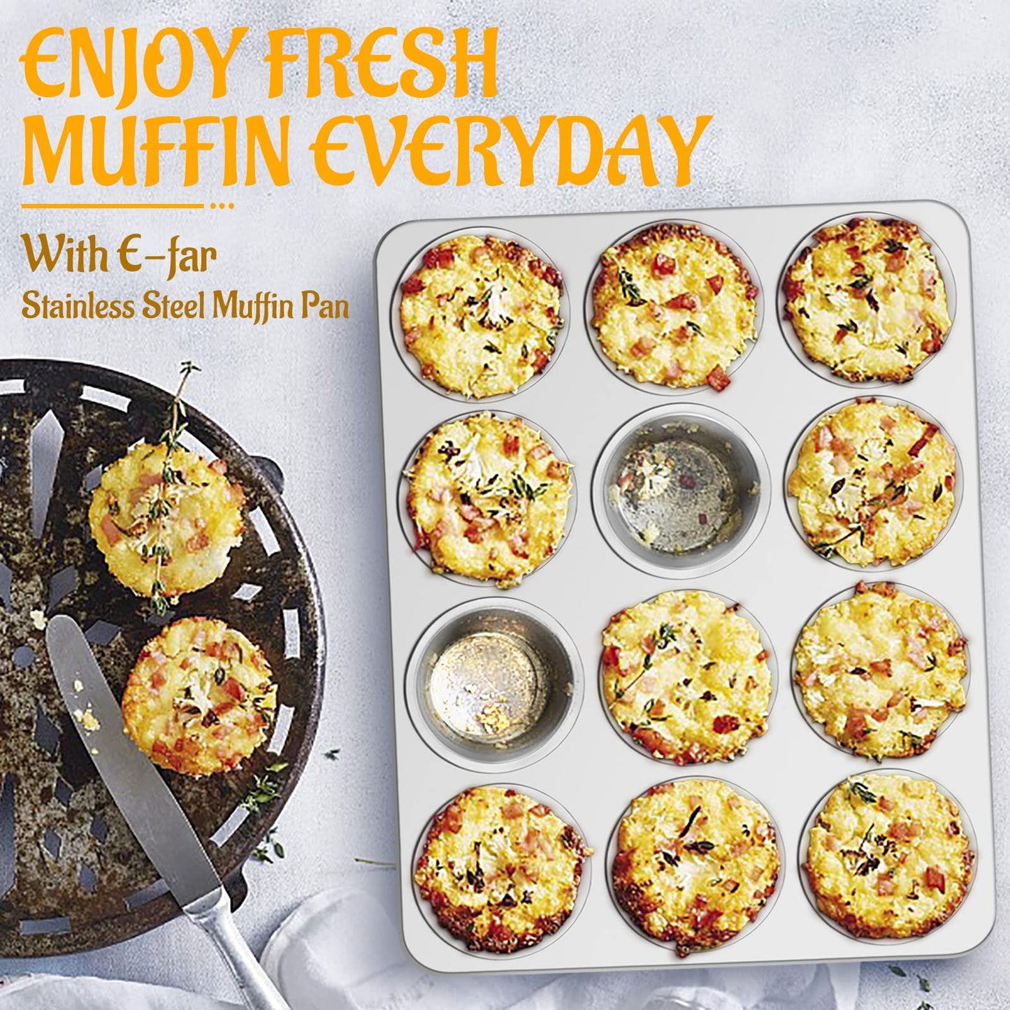 E-far Muffin Pan 12-Cup, Set of 2, Stainless Steel Cupcake Pan Metal Muffin Baking Tins for Oven, Regular Size & Easy Clean, Non-toxic & Dishwasher Safe-2 Pack