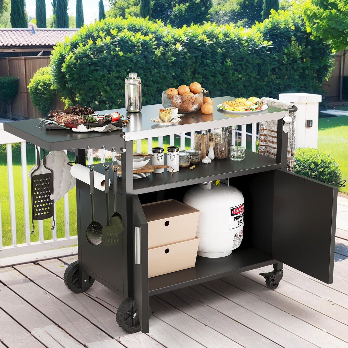 JY QAQA Outdoor Grill Cart with Storage,Patio Kitchen Island Outdoor Grill Table with Wheels,BBQ Cart Movable Pizza Oven Table Stand, Storage Cabinet, Foldable Tabletop, Black JY QAQA PET
