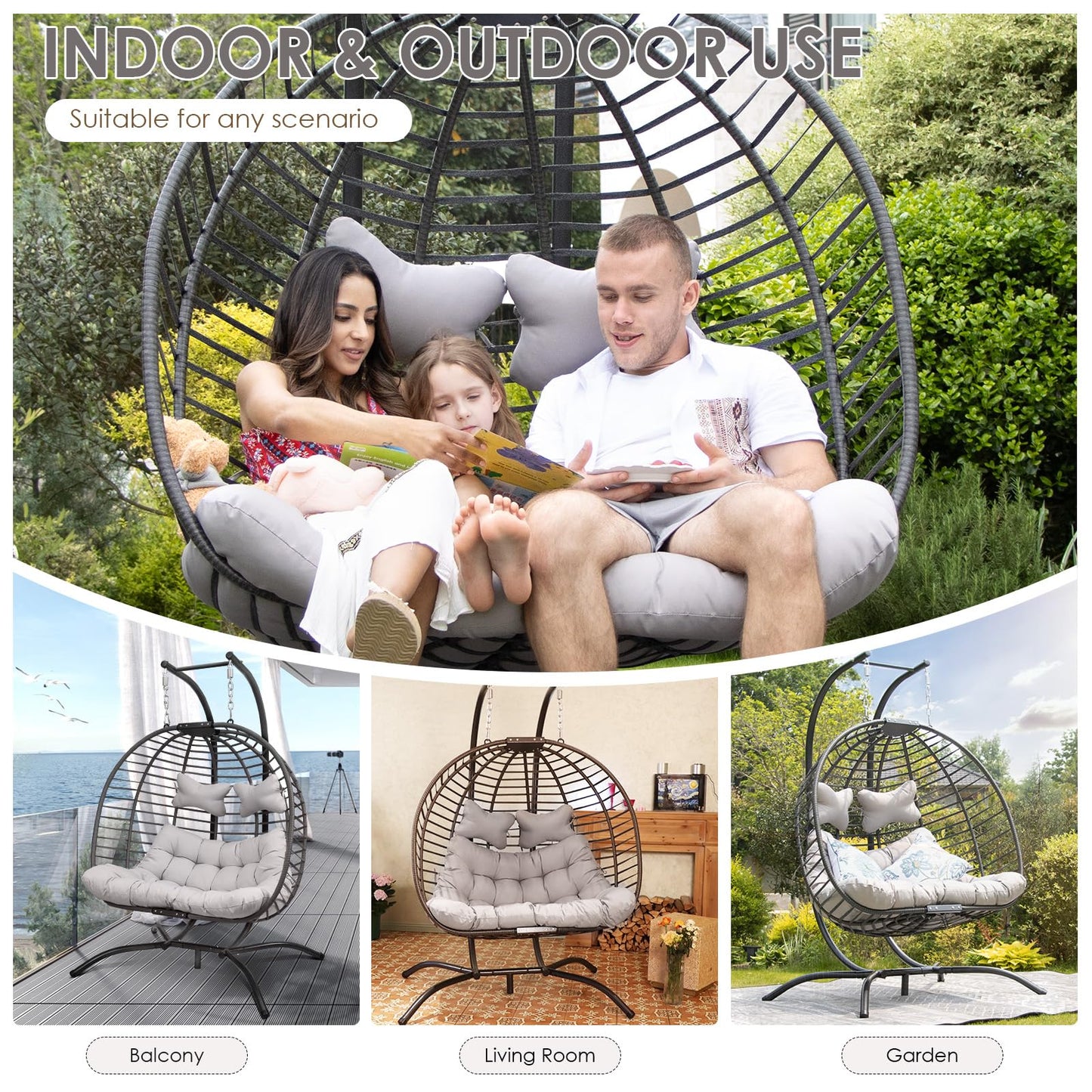 RADIATA 2 Person Wicker Swing Double Egg Chair Luxury Outdoor Patio Wicker Hanging Swing Egg Chairs with Water Resistant Cushions for Patio Backyard Balcony (Large, Gray)