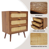 QHITTY Drawer Dresser Set of 2, Rattan Chest of Drawers with 3 Drawers Dresser, Accent Storage Cabinet Modern Bedside Table for Living Room, Bedroom, Entryway (Walnut) QHITTY