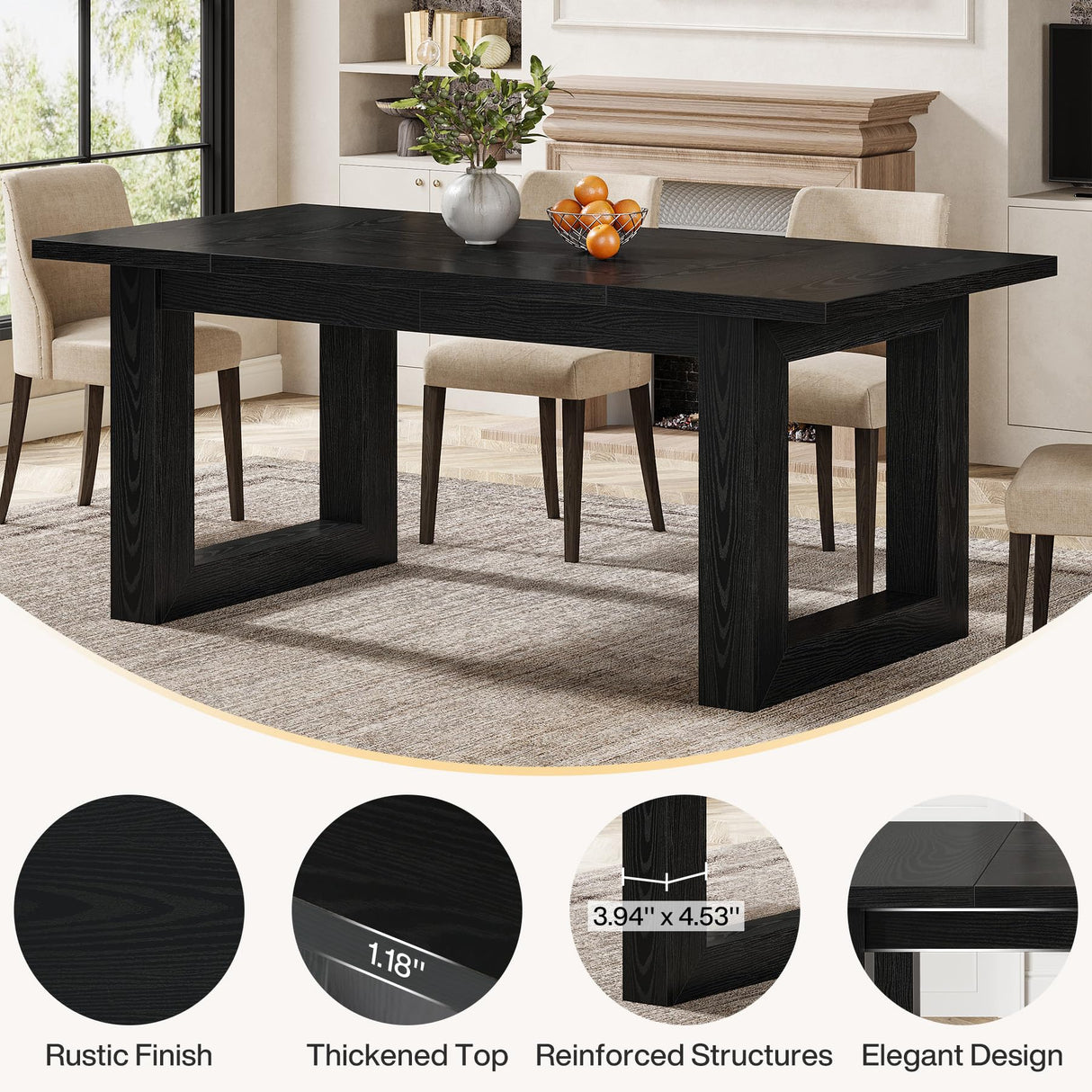 Tribesigns Farmhouse Dining Table for 4-6 People, 63-Inch Wooden Kitchen Furniture with Solid Wooden Pedestal, Large Rectangular Dinner Table for Dining Room (Black) Tribesigns