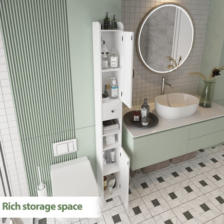 Bathroom Cabinet with Adjustable Shelf, Storage Cabinet for Small Space, Tall Cabinet with Retractable Toilet Paper Rod, Narrow Cabinet with 2 Doors, 8 Compartments (White) Maupvit