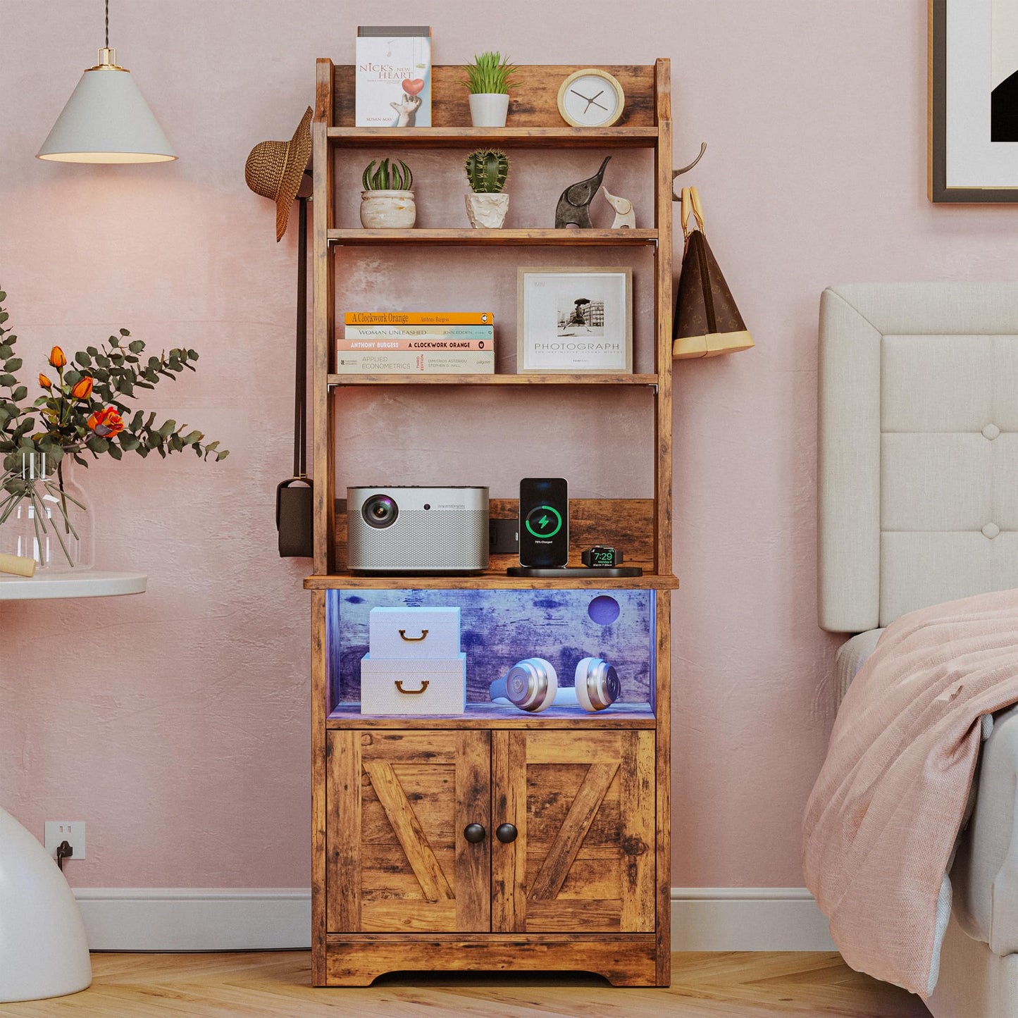 LIKIMIO 55" Tall Nightstand with LED Lights & Charging Station in Vintage Brown - WoodArtSupply