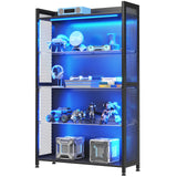 MOTPK Display Cabinet with LED Lights, Display Case with Glass Storage Shelves, 4-Tiers Curio Cabinet for Collectibles, Display Shelf Carbon Fiber Texture, Black MOTPK
