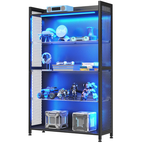 MOTPK Display Cabinet with LED Lights, Display Case with Glass Storage Shelves, 4-Tiers Curio Cabinet for Collectibles, Display Shelf Carbon Fiber Texture, Black MOTPK