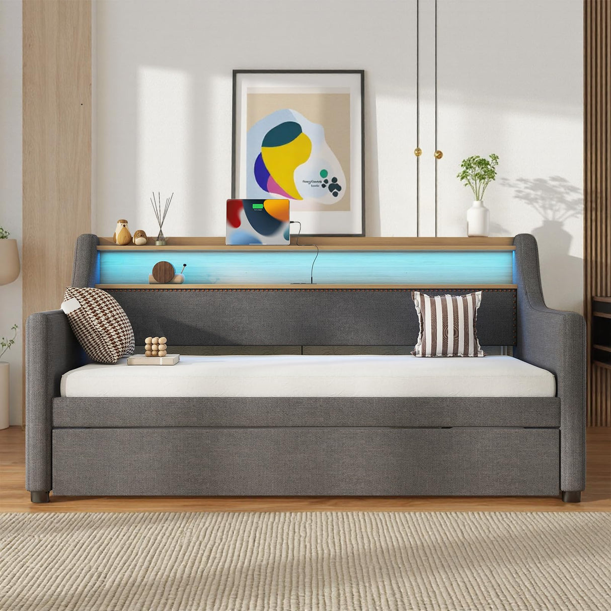 Twin Upholstered Daybed & Roll-Out Trundle, Linen Frame with LED Light, Built-in Charging Station, Storage Headboard & Rolling Guest Bed for Living Room Bedroom Guest Room, Gray Lyngins