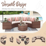 SUNSITT Outdoor Patio 8-Piece Half Moon Curved Furniture Sofa Set Brown Wicker Sectional Sofa Beige Cushions with 2 Side Table SUNSITT