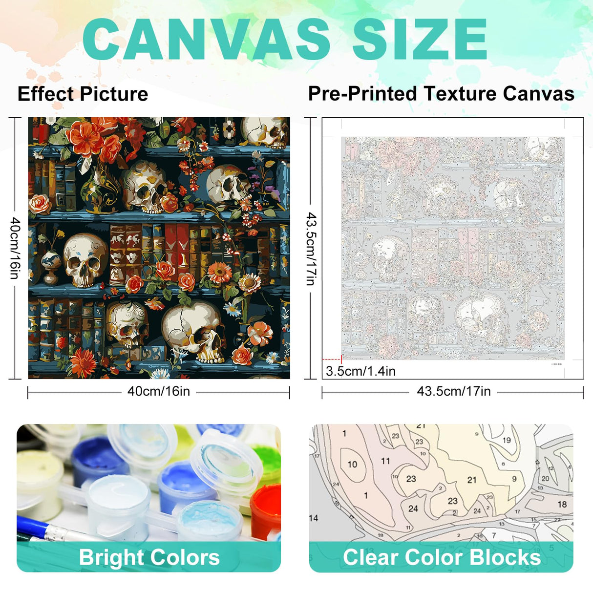 Paint by Numbers Kit for Adults - Halloween Bookshelf Adult Paint by Number Kits on Canvas for Beginner, Skull DIY Acrylic Oil Number Painting for Adults, Perfect for Home Decor Gift 16x16 Inch GEEHEIY